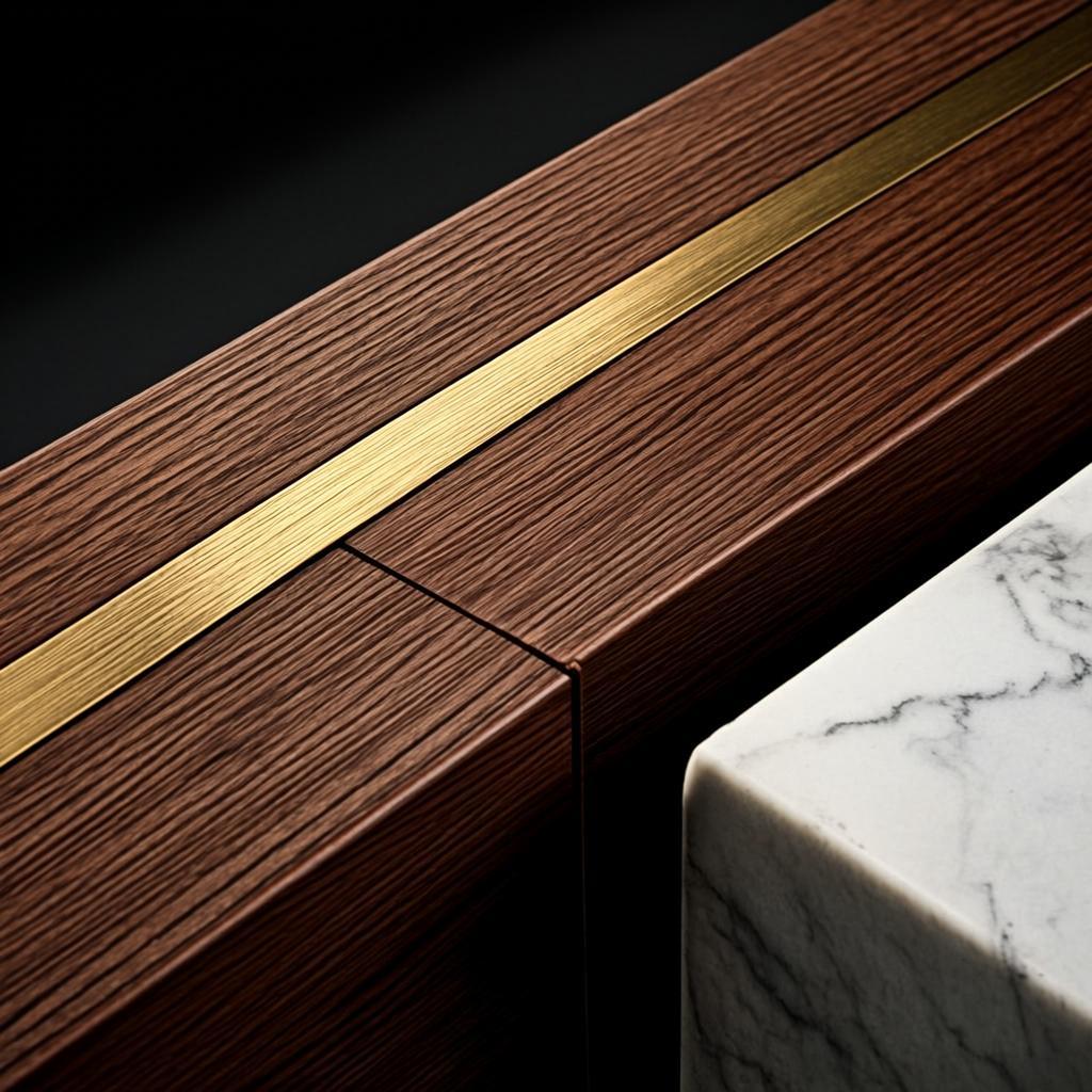 Macro detail of walnut wood, brushed brass and marble finishes used by Kabindra interiors