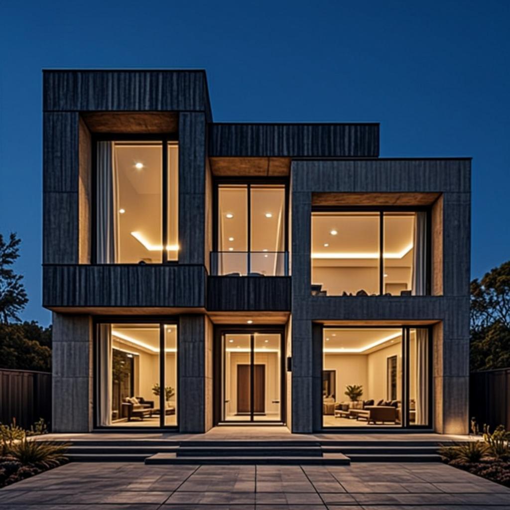 Modern luxury villa built by Kabindra Constructions, glowing warmly at dusk