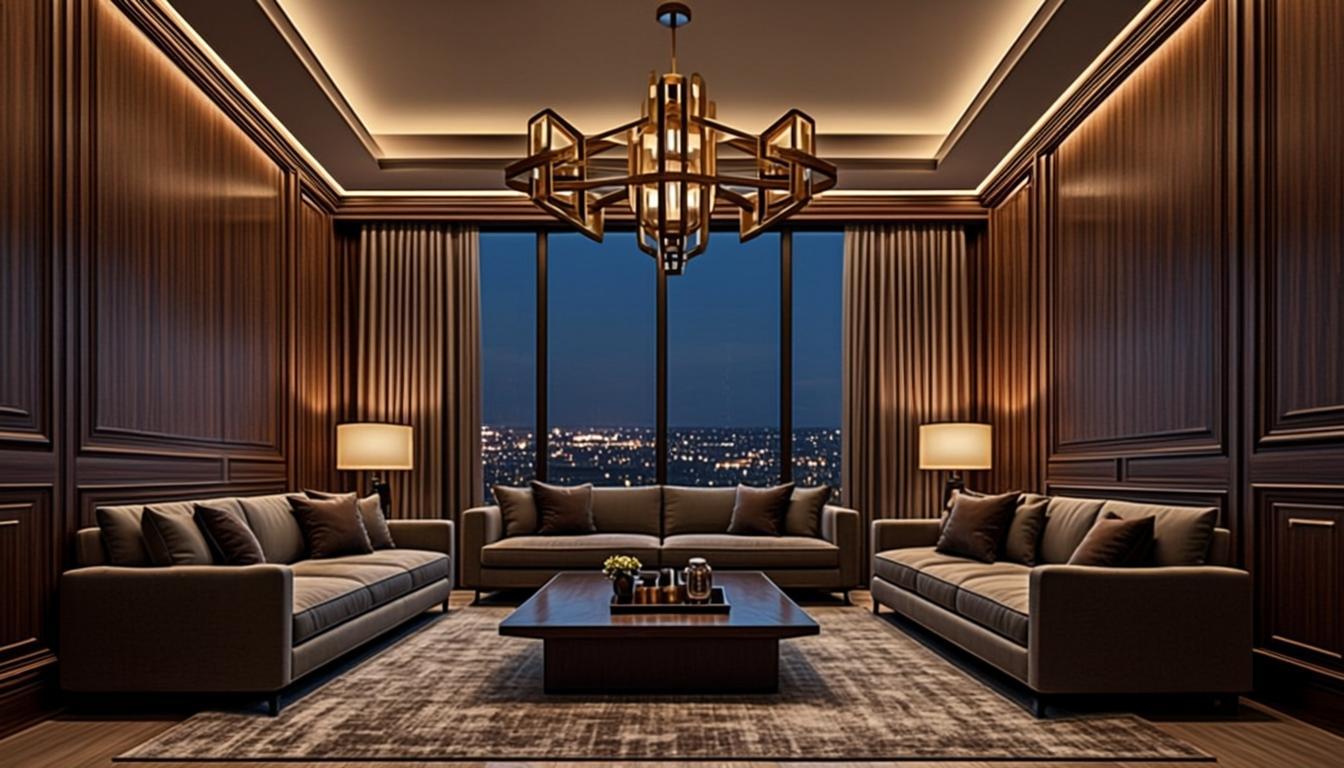 Luxurious living room interior designed and built by Kabindra, glowing with warm cove lighting